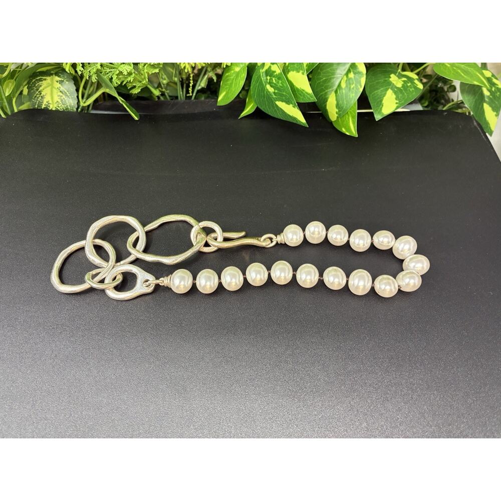 Vintage Statement Silver Link Chain Chunky Faux Baroque Pearl Necklace - Picture 5 of 6